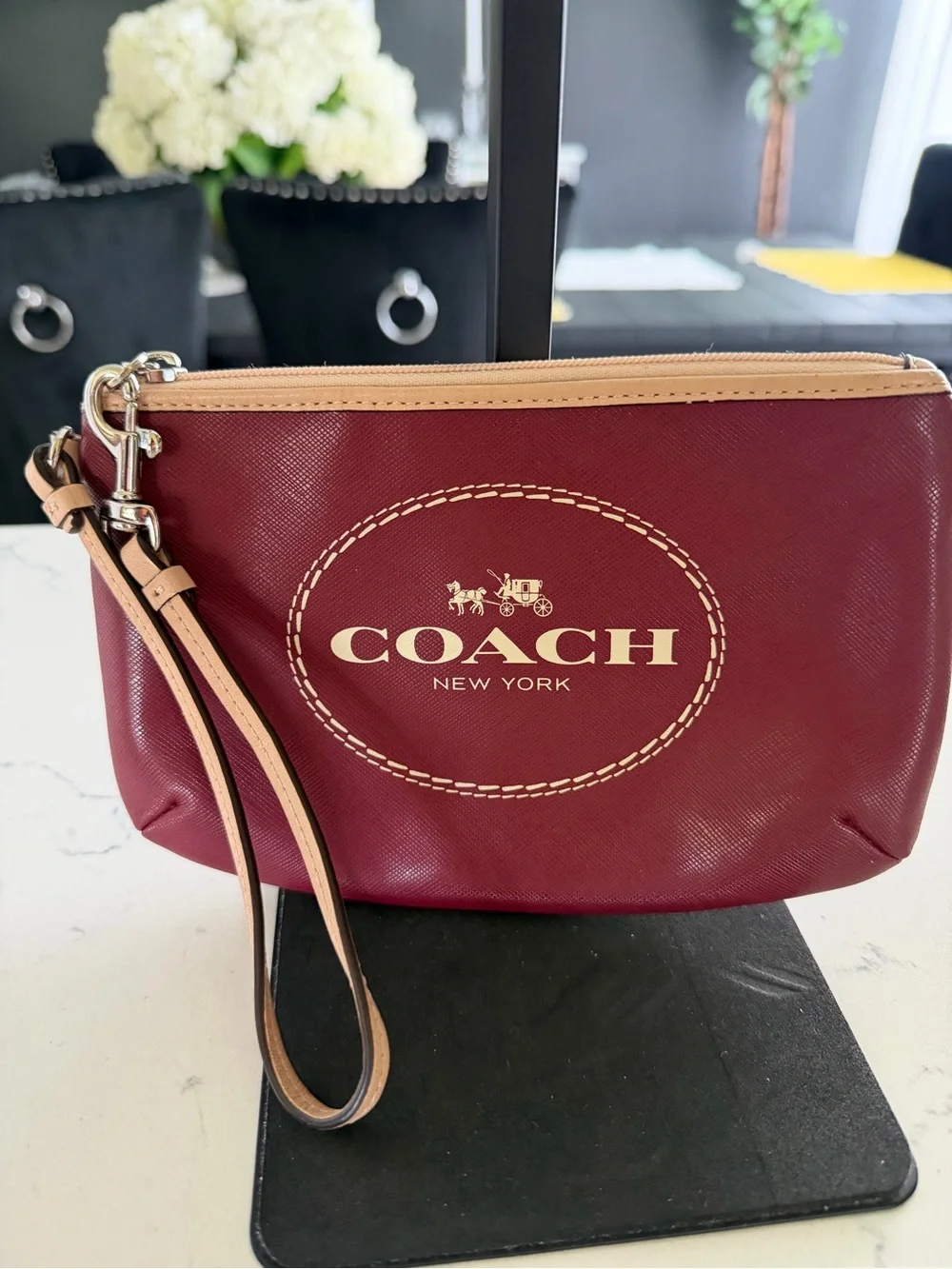 Coach Wristlet in Maroon with Tan Trim